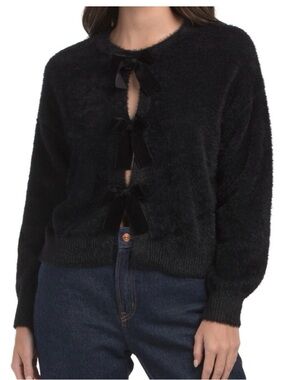 Rachel Zoe Black Fuzzy Bow-Front Sweater Cardigan. Size M